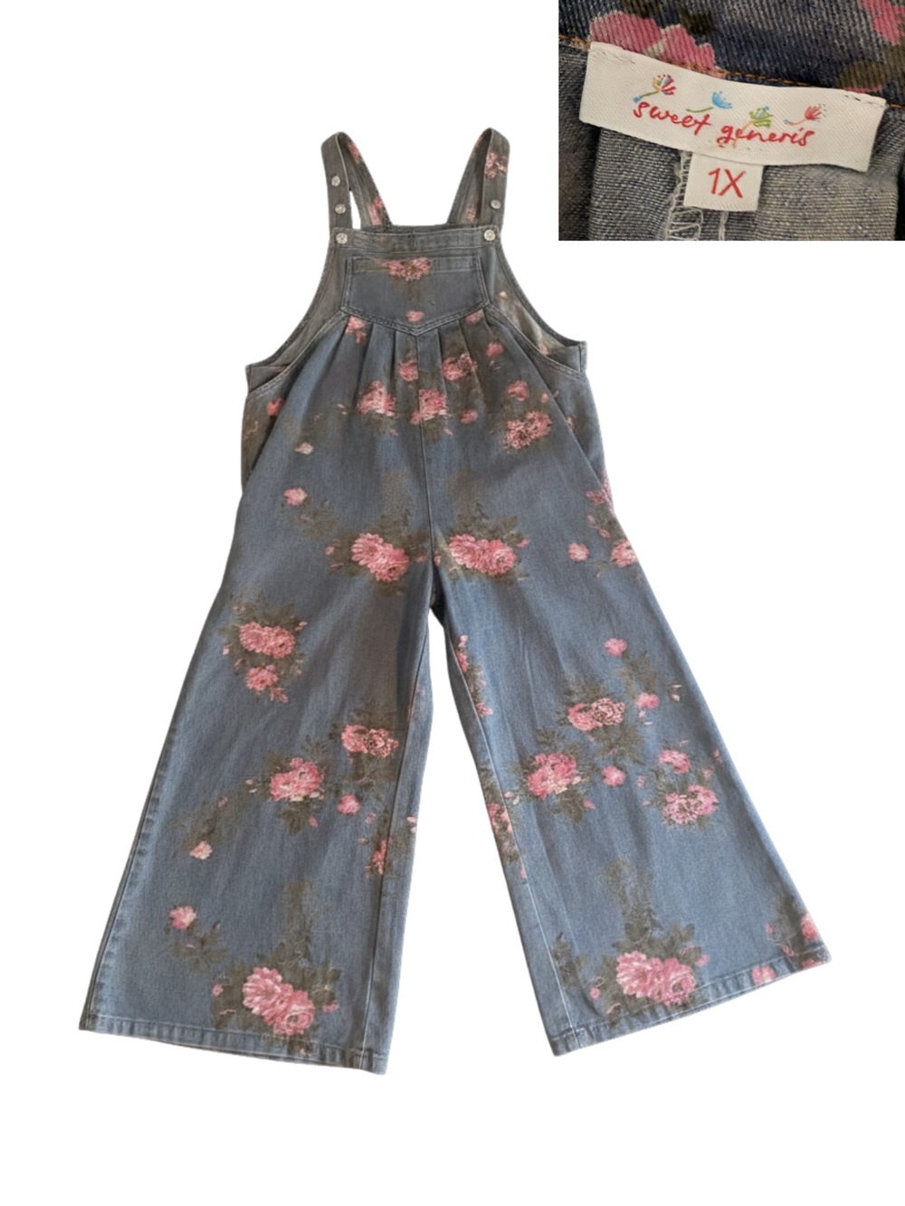 Sweet Generis Denim Wide-Leg Floral Overalls - Pink on Blue